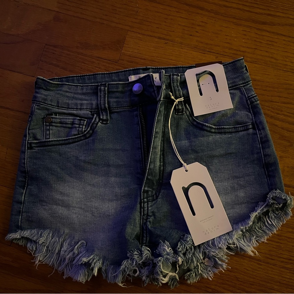 Women's Blue Distressed Denim Shorts with Frayed Hem